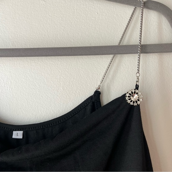 Black Slip Dress L – Rhinestone Chain Strap Midi Cocktail Evening Party Dress - Picture 3 of 7